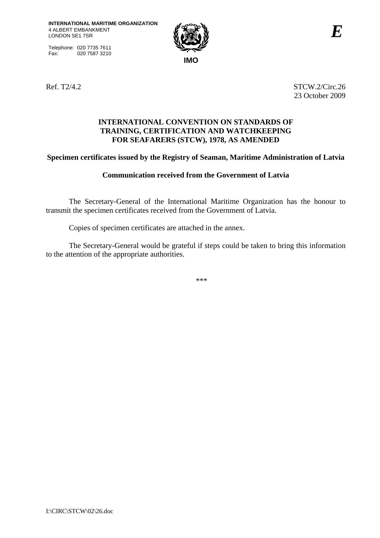 STCW.2Circ.26 - Specimen certificates issued by the Registry of Seaman, Maritime Administration of Latvia - Communication received from the Government of Latvia by R4S