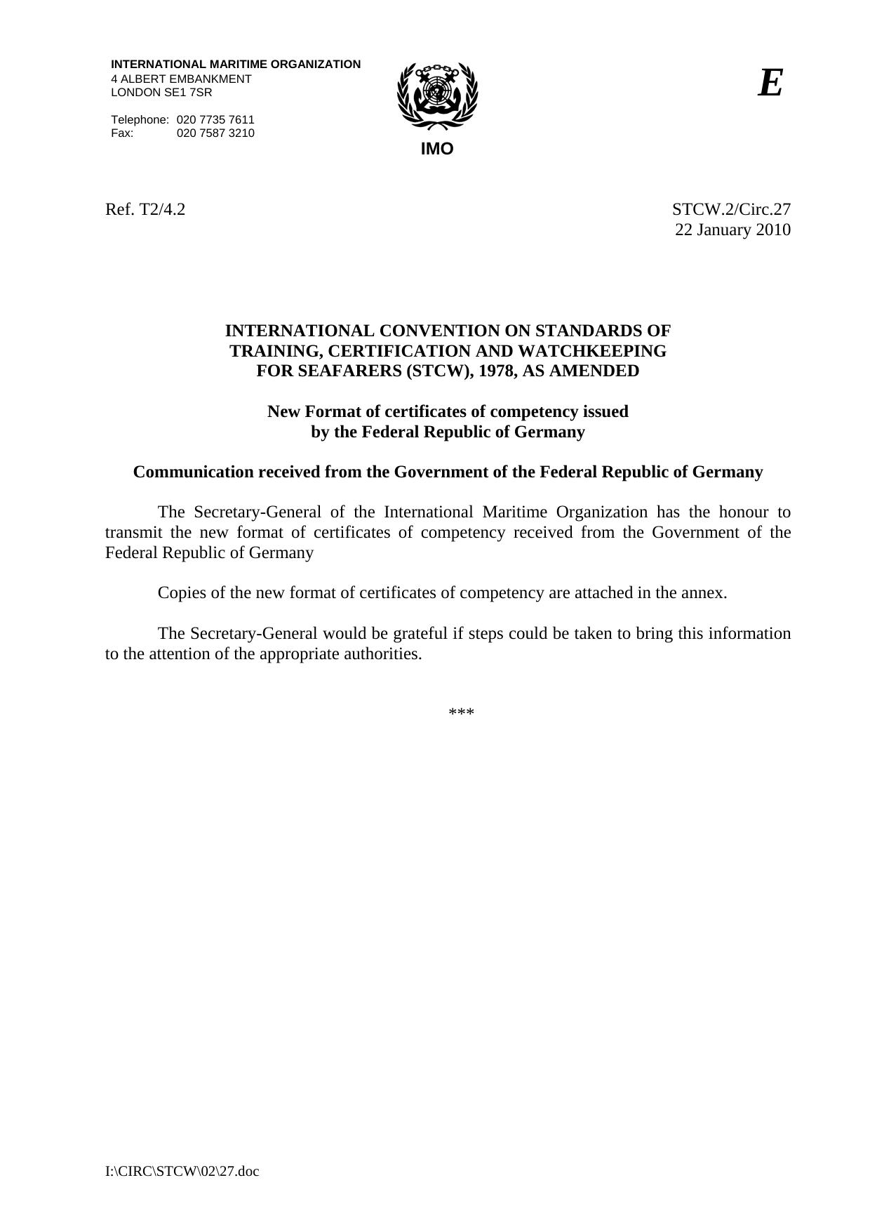 STCW.2Circ.27 - New Format of Certificates of Competency issued by the Federal Republic of Germany - Communication received from the Government of the Federal Republic of Germany by R4S