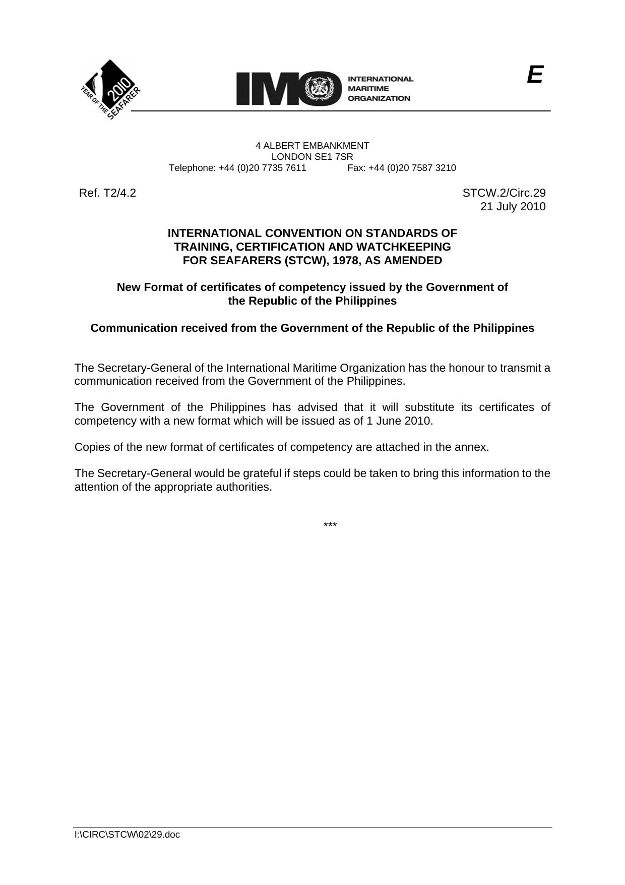 STCW.2Circ.29 - New Format of Certificates of Competency Issued by the Government of the Republic of the Philippines - Communication Received from the Government of the Republic of the Philippines by R4S