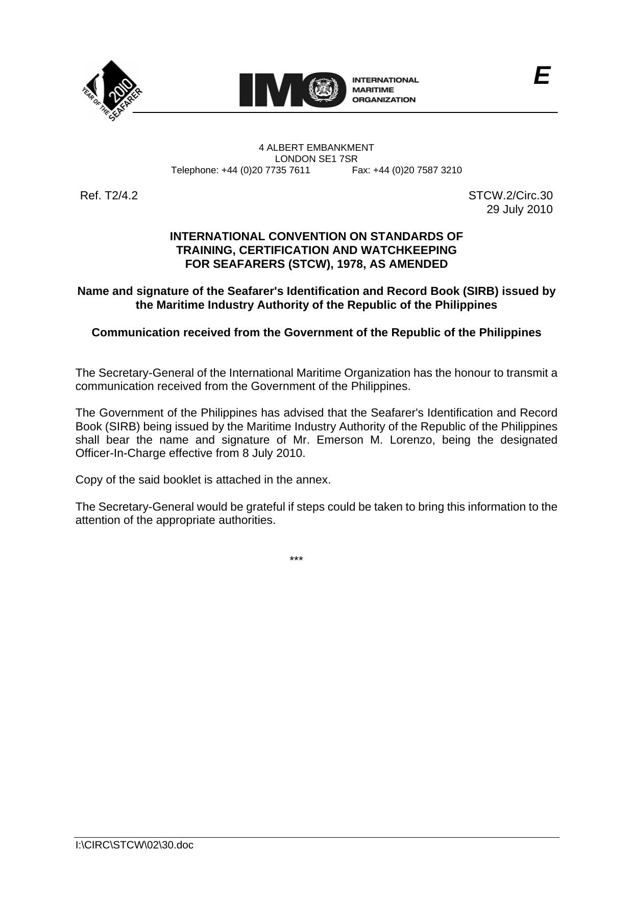 STCW.2Circ.30 - Name and signature of the Seafarer's Identification and Record Book (SIRB) issued by the Maritime Industry Authority of the Republic of the Philippines - Communicat by R4S