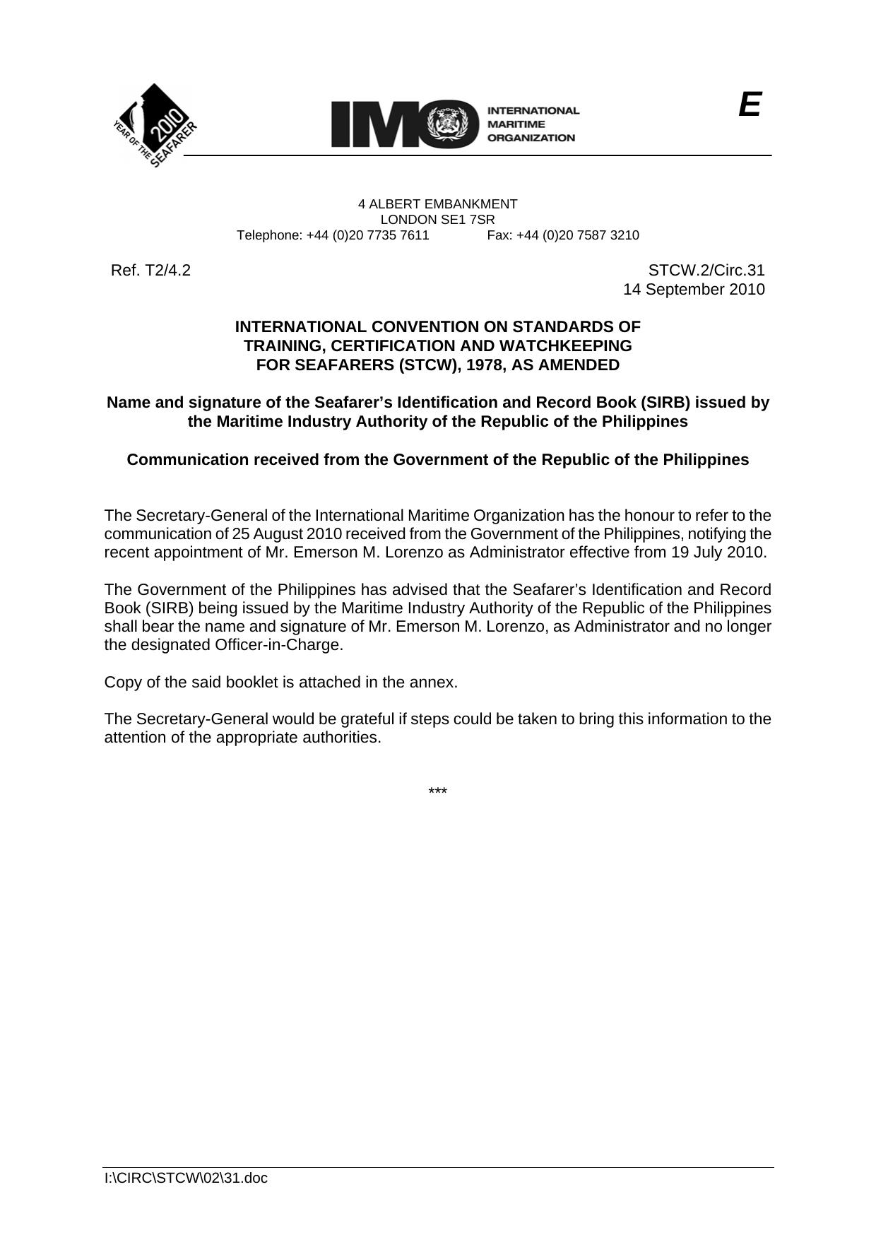 STCW.2Circ.31 - Name and signature of the Seafarerâs Identification and Record Book (SIRB) issued by the Maritime Industry Authority of the Republic of the Philippines Communicat by Unknown
