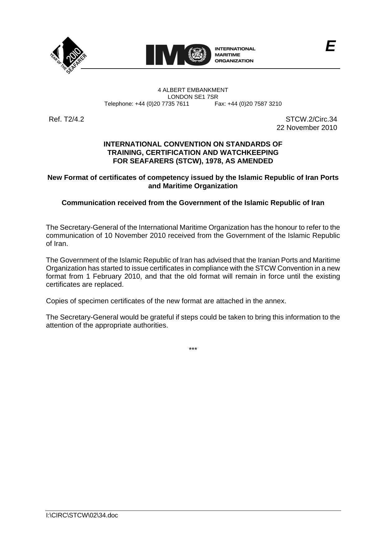 STCW.2Circ.34 - New Format of certificates of competency issued by the Islamic Republic of Iran Ports and Maritime Organization - Communication received from the Government of the by R4S
