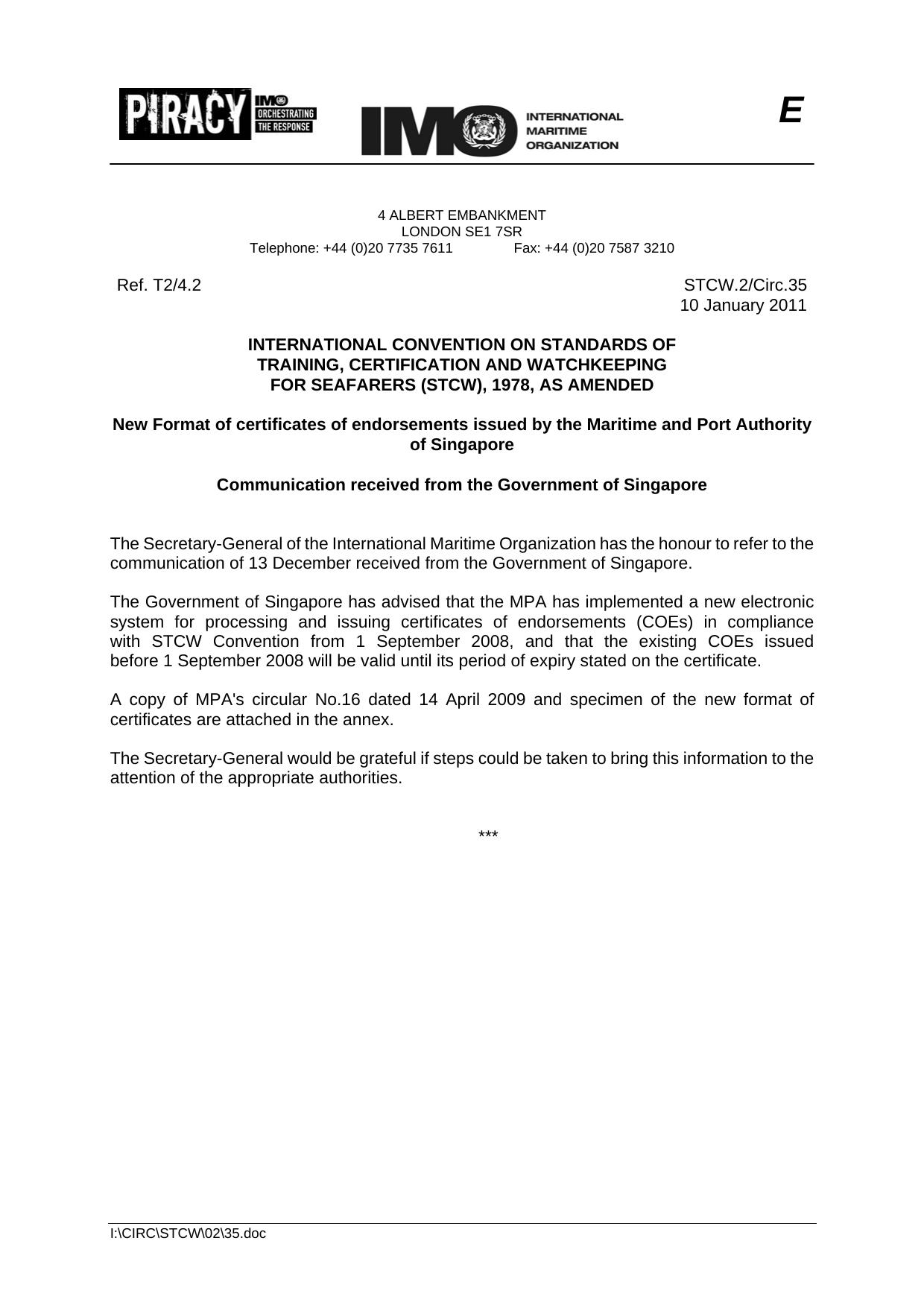 STCW.2Circ.35 - New Format of Certificates of Endorsements Issued by the Maritime and Port Authority of Singapore Communication Received from the Government of Singapore by R4S