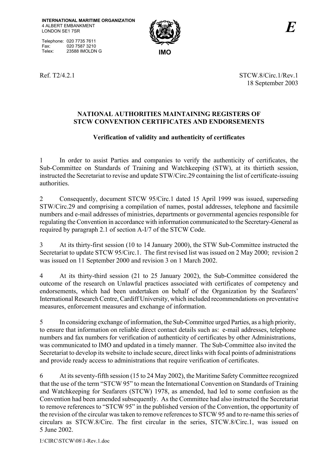 STCW.8Circ.1Rev.1 - National Authorities Maintaining Registers of STCW Convention Certificates and Endorsements - Verification of Validity and Authenticity of Certificates by Unknown