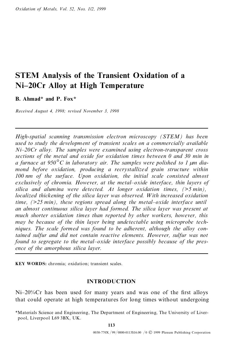 STEM Analysis of the Transient Oxidation of a Ni-20Cr Alloy at High Temperature by Unknown