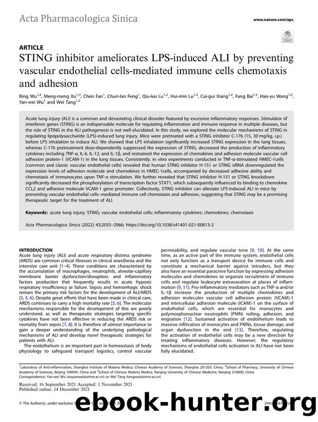 STING inhibitor ameliorates LPS-induced ALI by preventing vascular endothelial cells-mediated immune cells chemotaxis and adhesion by unknow