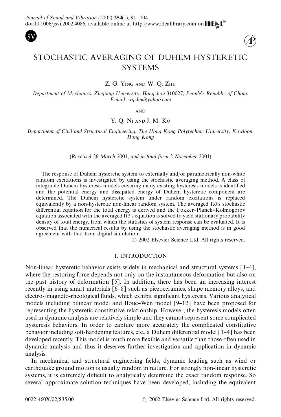 STOCHASTIC AVERAGING OF DUHEM HYSTERETIC SYSTEMS by YING Z. G. et al