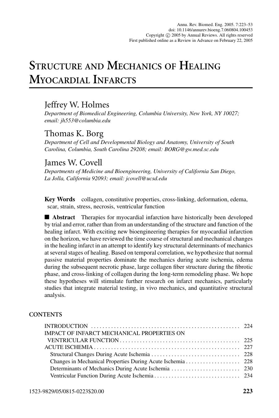 STRUCTURE AND MECHANICS OF HEALING MYOCARDIAL INFARCTS by Jeffrey W. Holmes Thomas K. Borg James W. Covell