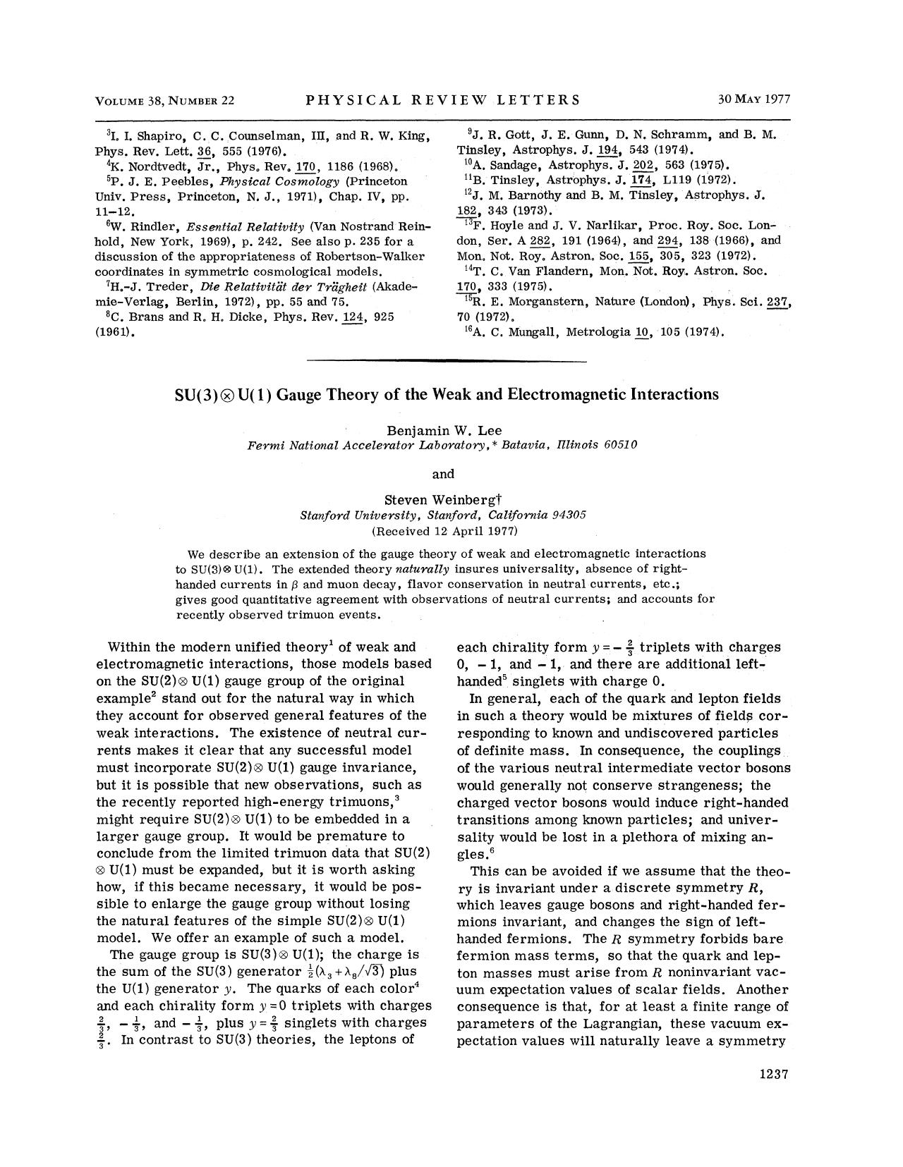 SU(3)(x)U(l) Gauge Theory of the Weak & Electromagnetic Interactions (1977) by Unknown