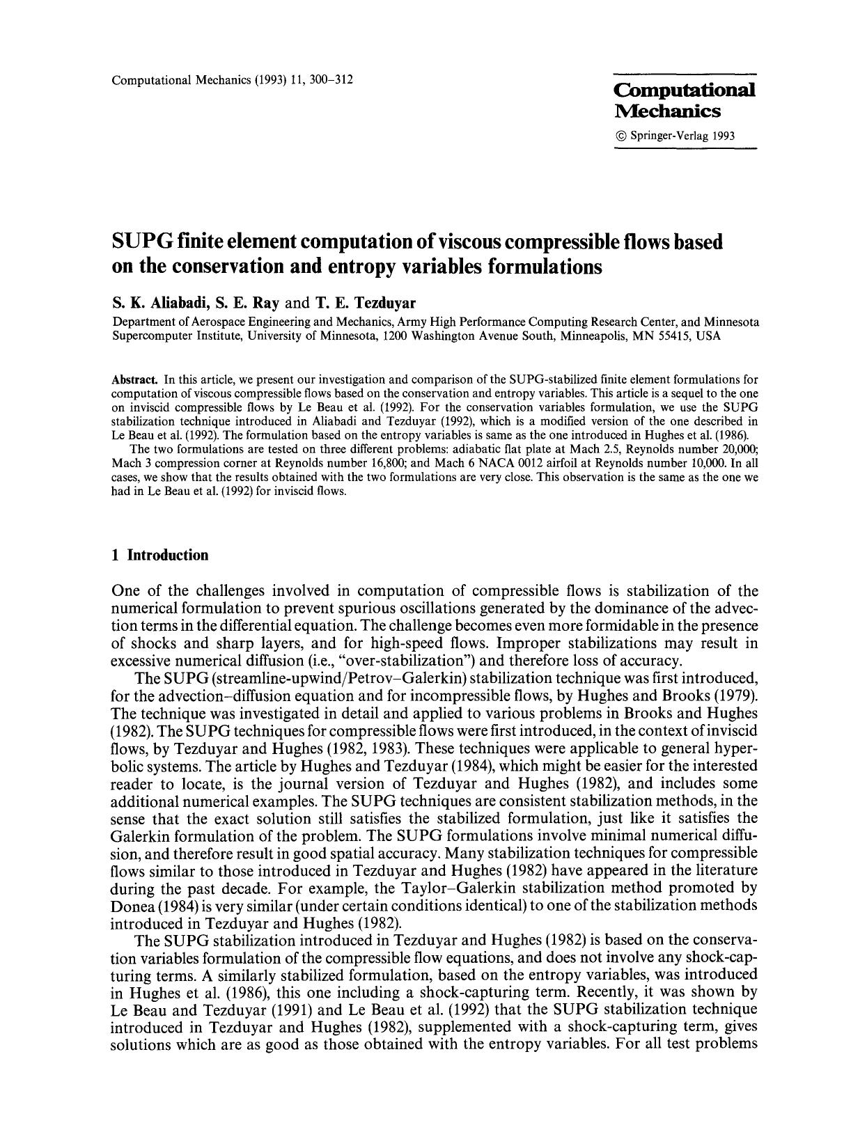 SUPG finite element computation of viscous compressible flows based on the conservation and entropy variables formulations by Unknown