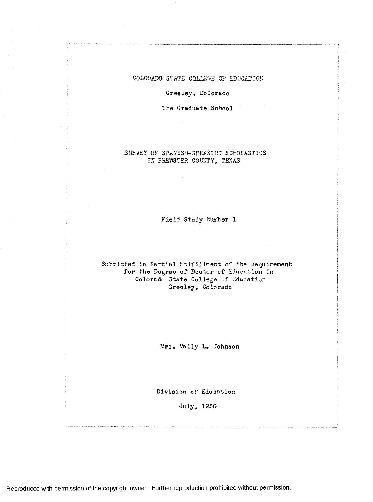 SURVEY OF SPANISH-SPEAKING SCHOLASTICS IN BREWSTER COUNTY, TEXAS by JOHNSON VALLY LOU