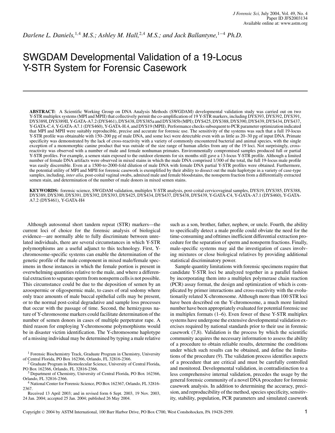 SWGDAM Developmental Validation of a 19-Locus Y-STR System for Forensic Casework by Daniels DL Hall AM Ballantyne J