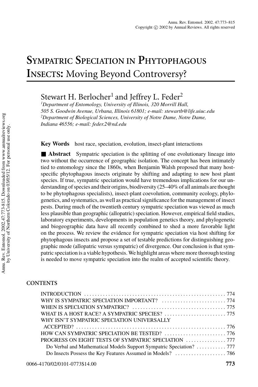 SYMPATRIC SPECIATION IN PHYTOPHAGOUS INSECTS: Moving Beyond Controversy? by Stewart H. Berlocher1 & Jeffrey L. Feder2