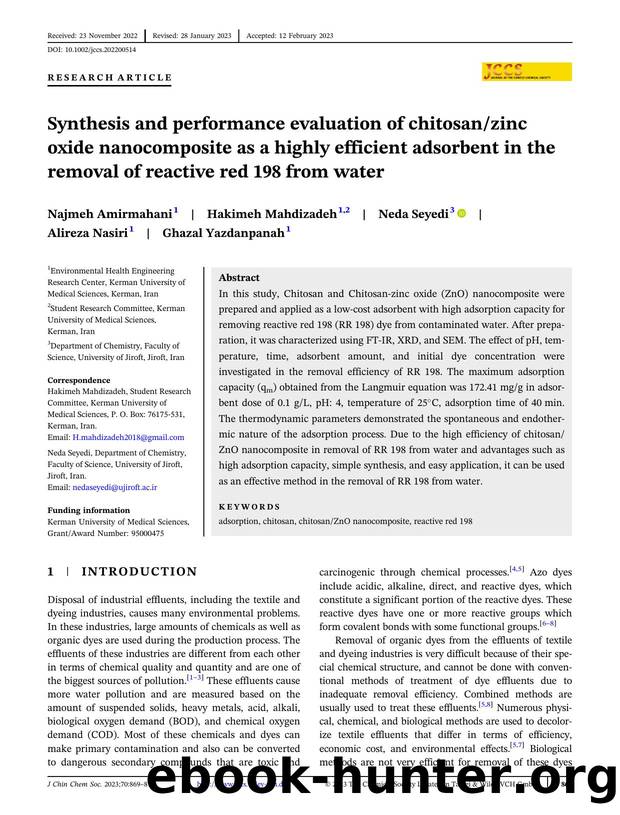 SYNTHESIS AND PERFORMANCE EVALUATION OF CHITOSANZINC OXIDE NANOCOMPOSITE AS A HIGHLY EFFICIENT ADSORBENT IN THE REMOVAL OF REACTIVE RED 198 FROM WATER by Unknown