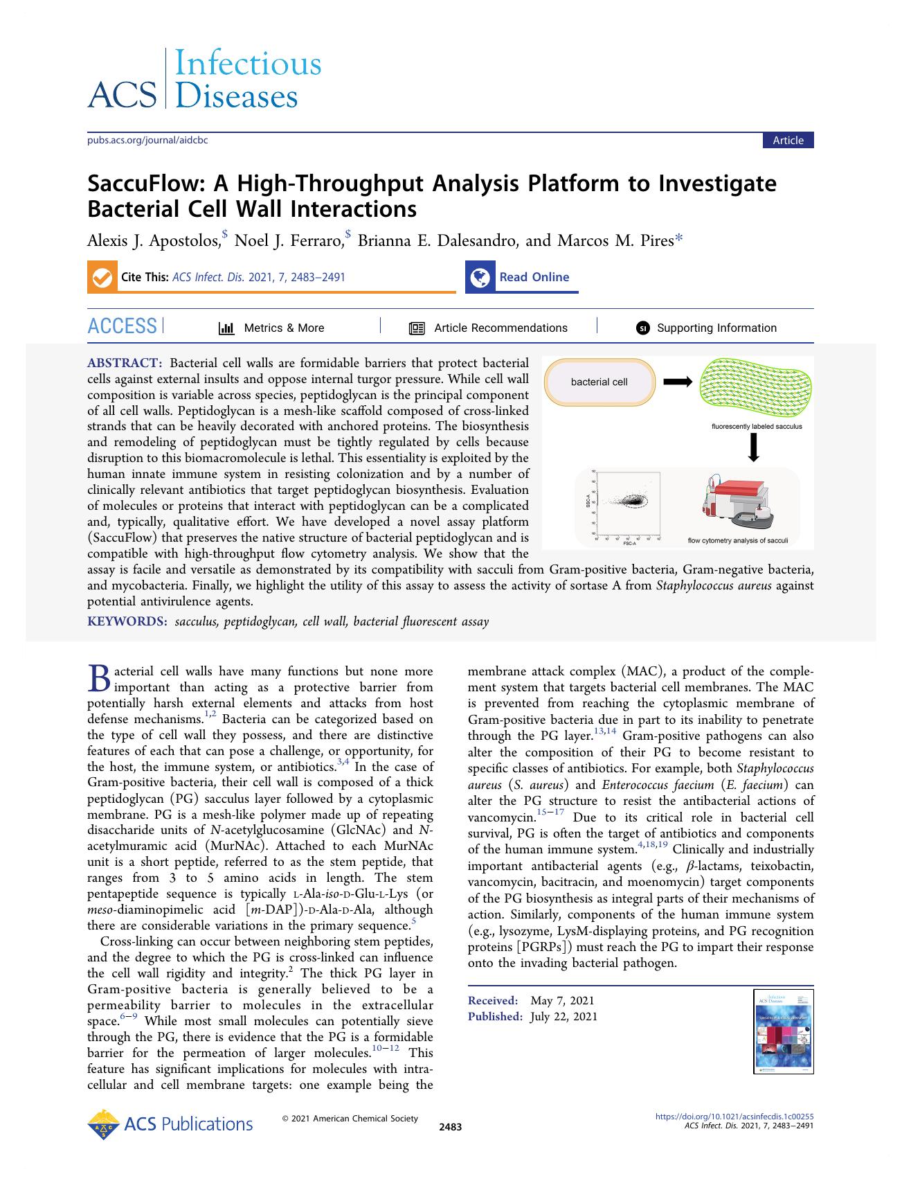 SaccuFlow: A High-Throughput Analysis Platform to Investigate Bacterial Cell Wall Interactions by Alexis J. Apostolos Noel J. Ferraro Brianna E. Dalesandro and Marcos M. Pires