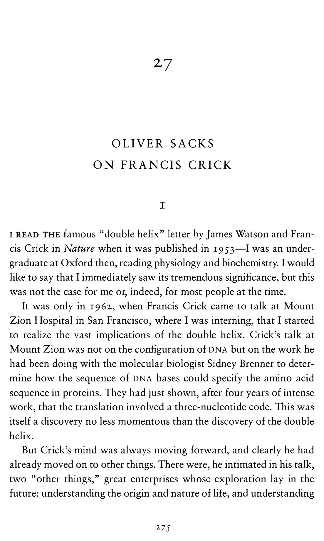 Sacks, Oliver by Remembering Francis Crick (2005)