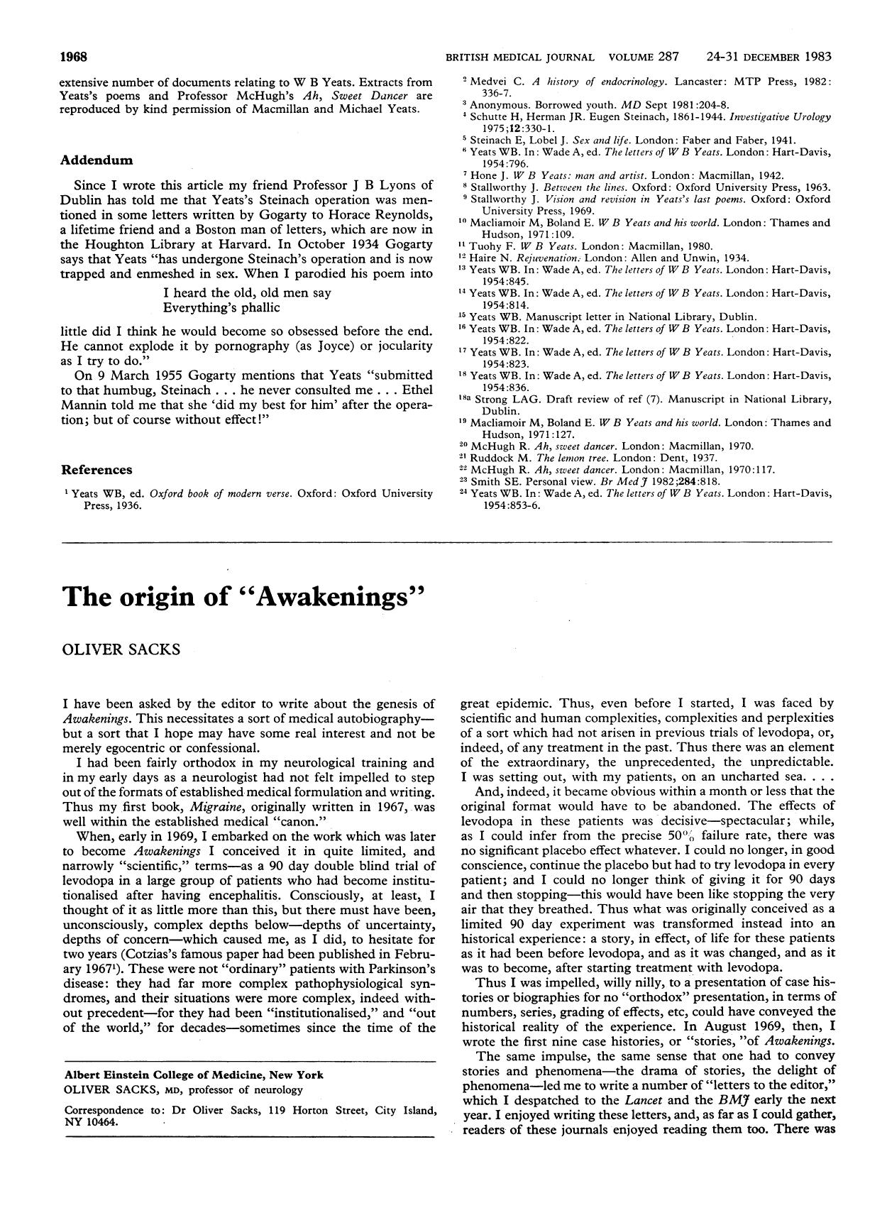 Sacks, Oliver by The Origin of 'Awakenings' (1983)