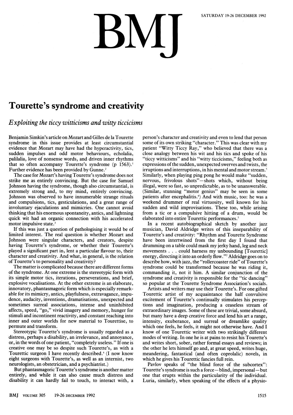 Sacks, Oliver by Tourette's Syndrome & Creativity (1992)