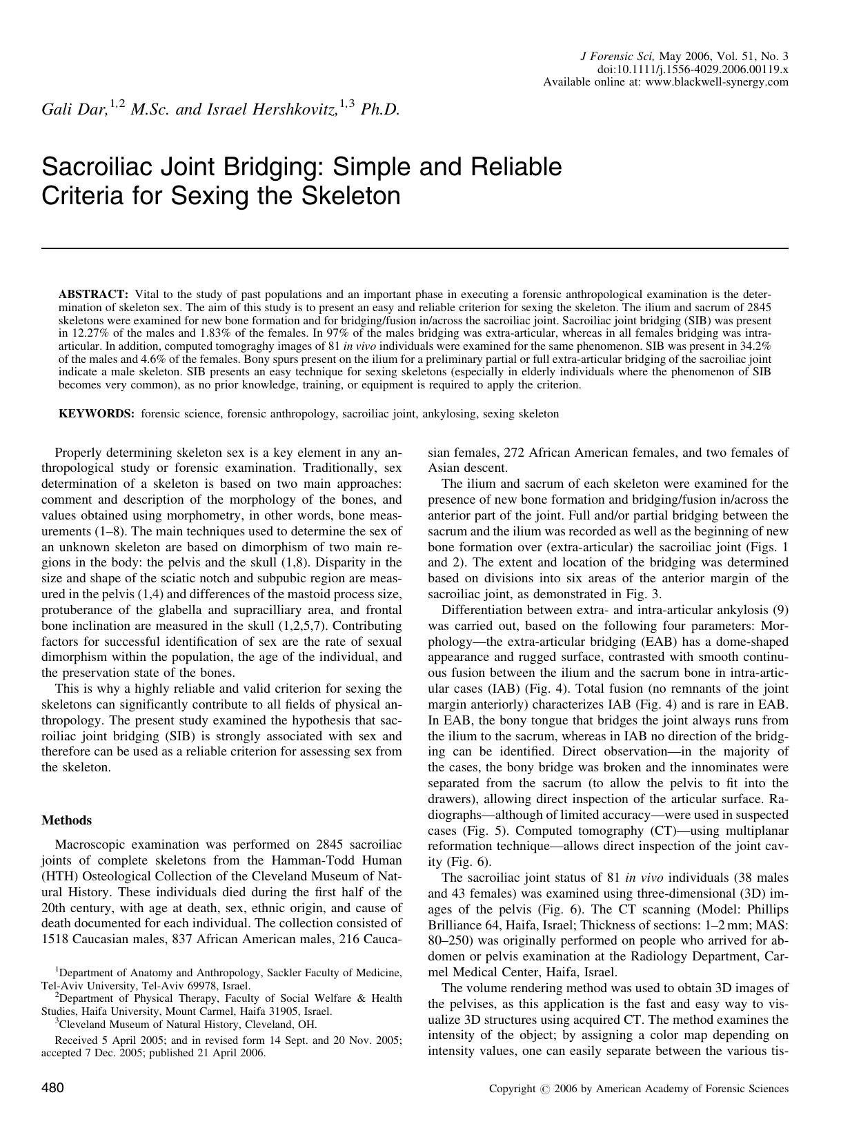 Sacroiliac Joint Bridging: Simple and Reliable Criteria for Sexing the Skeleton by Unknown