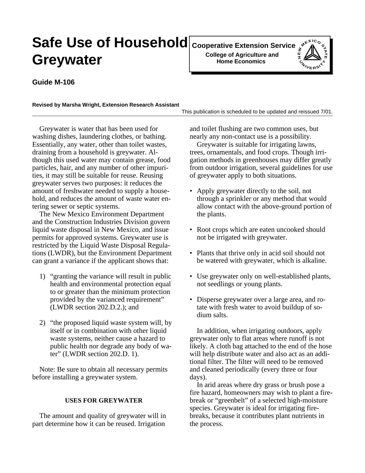 Safe Use of Household Greywater by Revised by Marsha Wright Extension Research