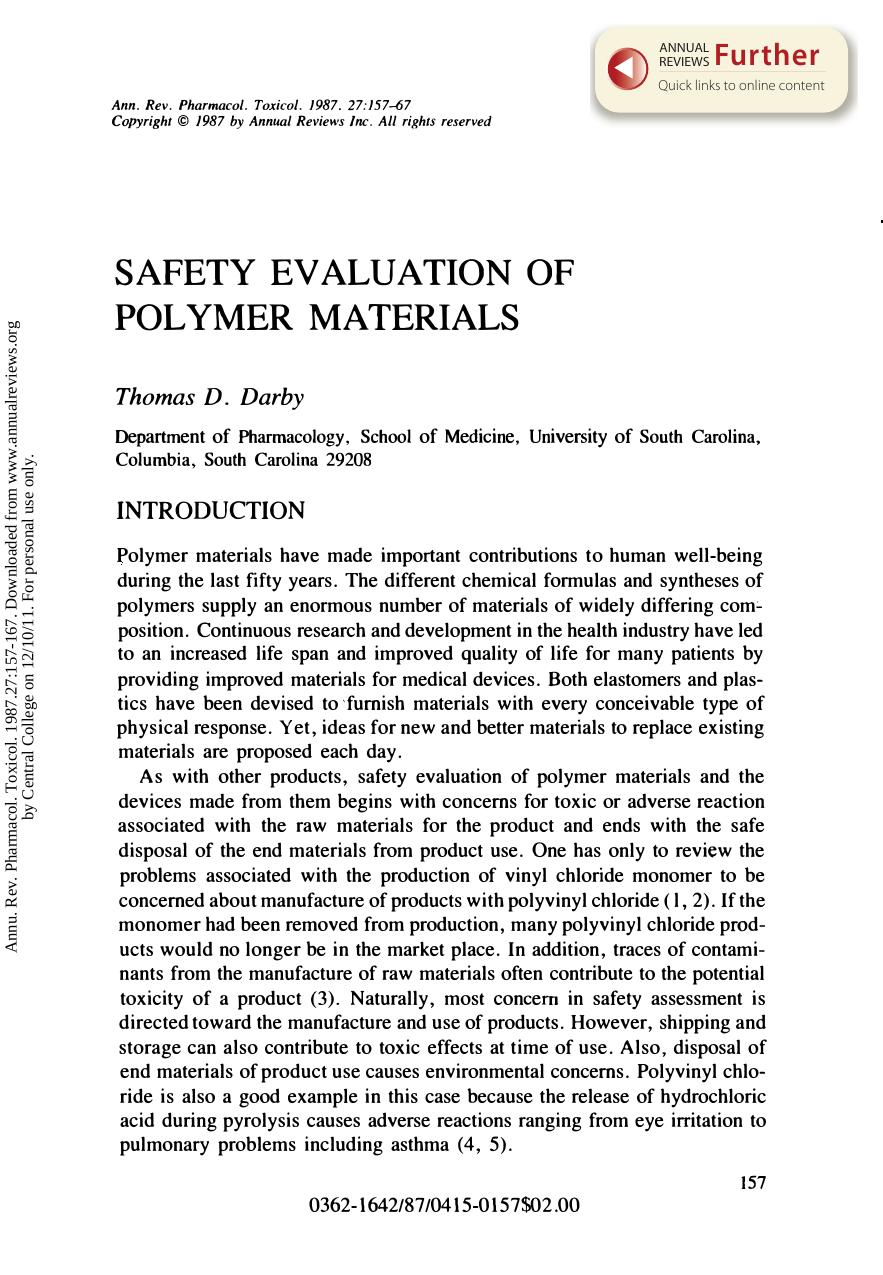 Safety Evaluation of Polymer Materials by T D Darby