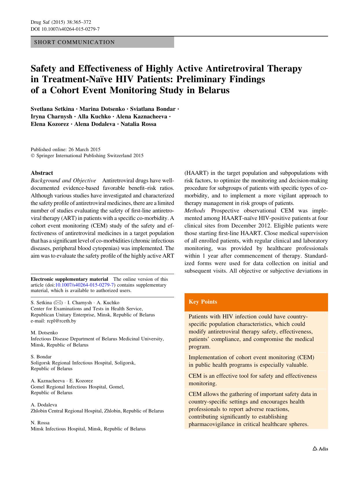 Safety and Effectiveness of Highly Active Antiretroviral Therapy in Treatment-NaÃ¯ve HIV Patients: Preliminary Findings of a Cohort Event Monitoring Study in Belarus by unknow