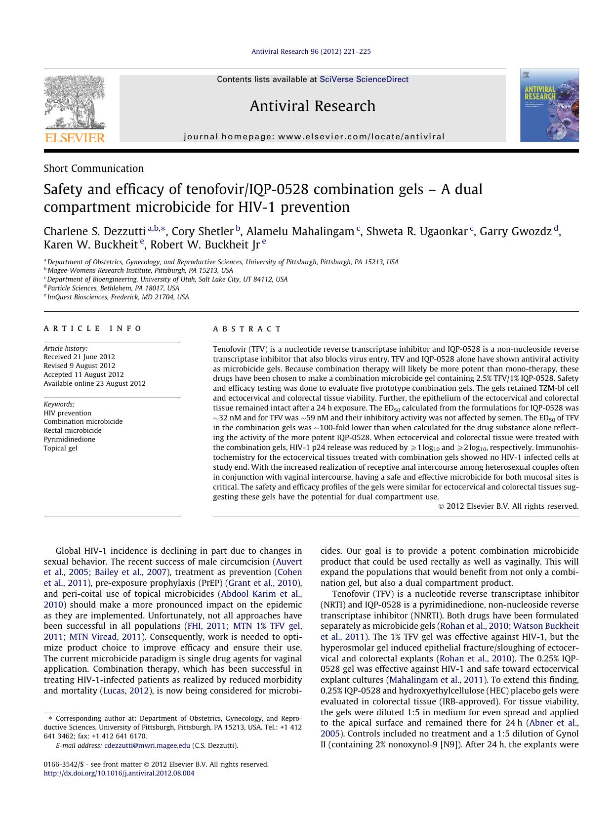 Safety and efficacy of tenofovirIQP-0528 combination gels Ã¢â¬â A dual compartment microbicide for HIV-1 prevention by unknow