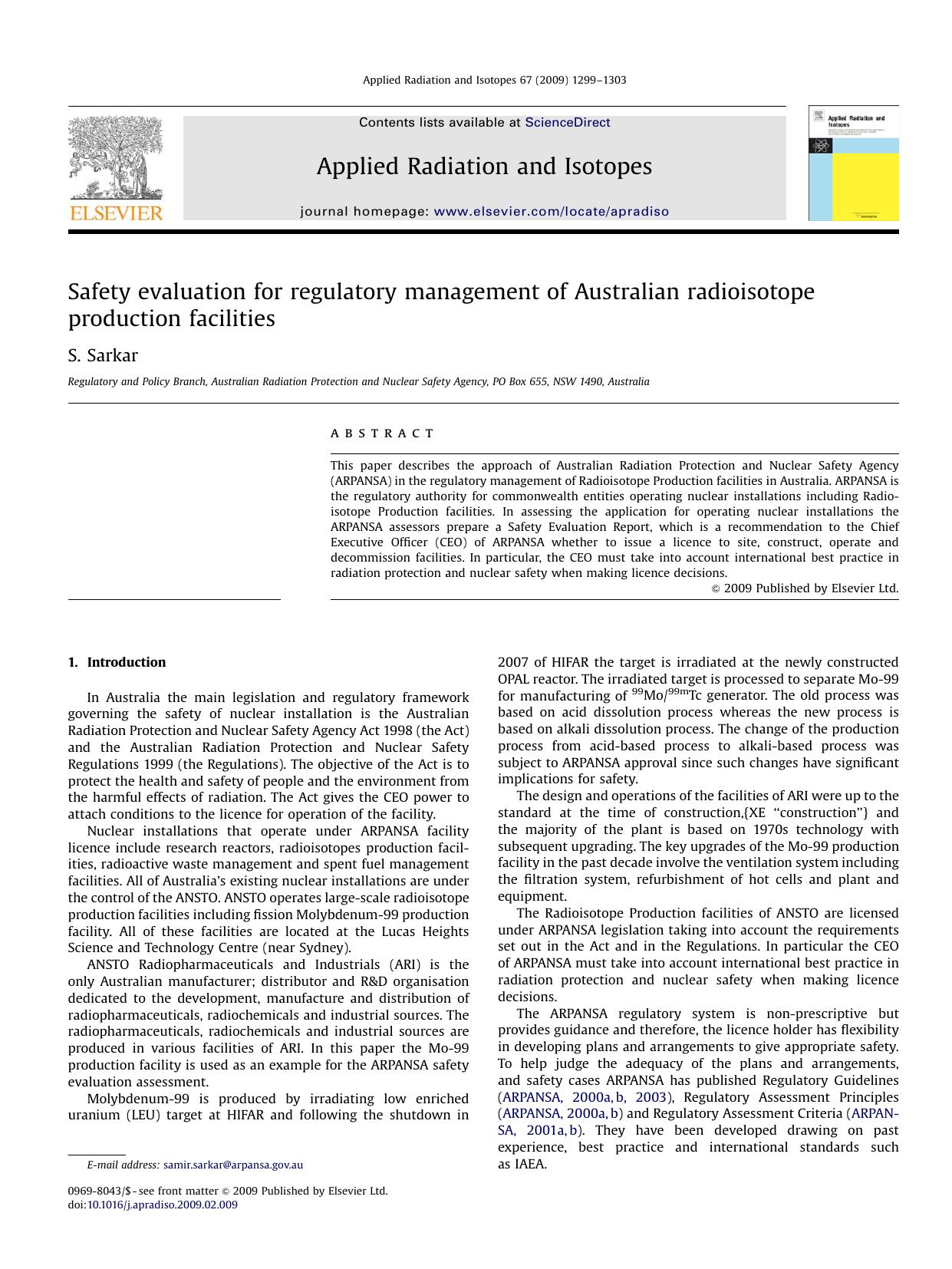 Safety evaluation for regulatory management of Australian radioisotope production facilities by S. Sarkar