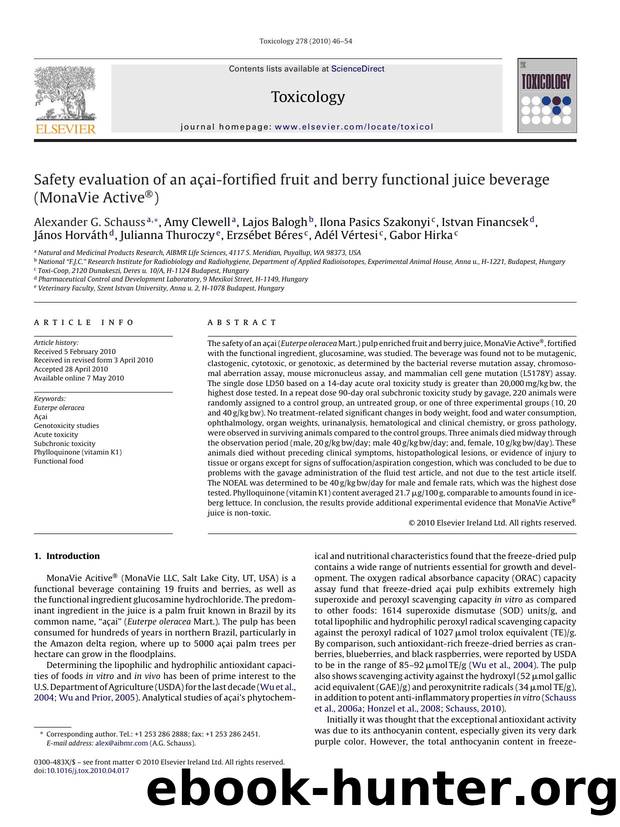 Safety evaluation of an aÃÂ§ai-fortified fruit and berry functional juice beverage (MonaVie ActiveÃÂ®) by Alexander G. Schauss