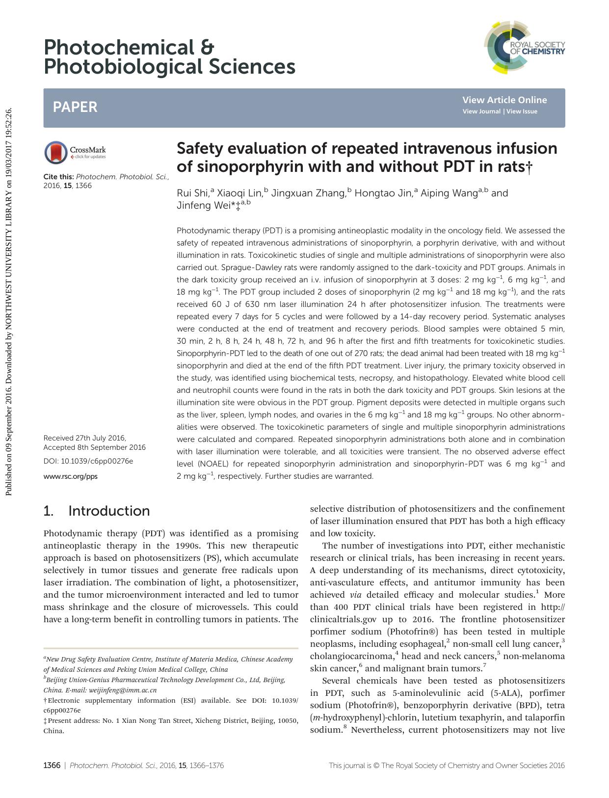 Safety evaluation of repeated intravenous infusion of sinoporphyrin with and without PDT in rats by Rui Shi Xiaoqi Lin Jingxuan Zhang Hongtao Jin Aiping Wang Jinfeng Wei