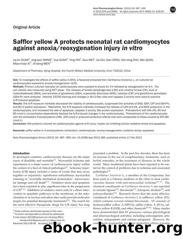 Safflor yellow A protects neonatal rat cardiomyocytes against anoxiareoxygenation injury in vitro by unknow