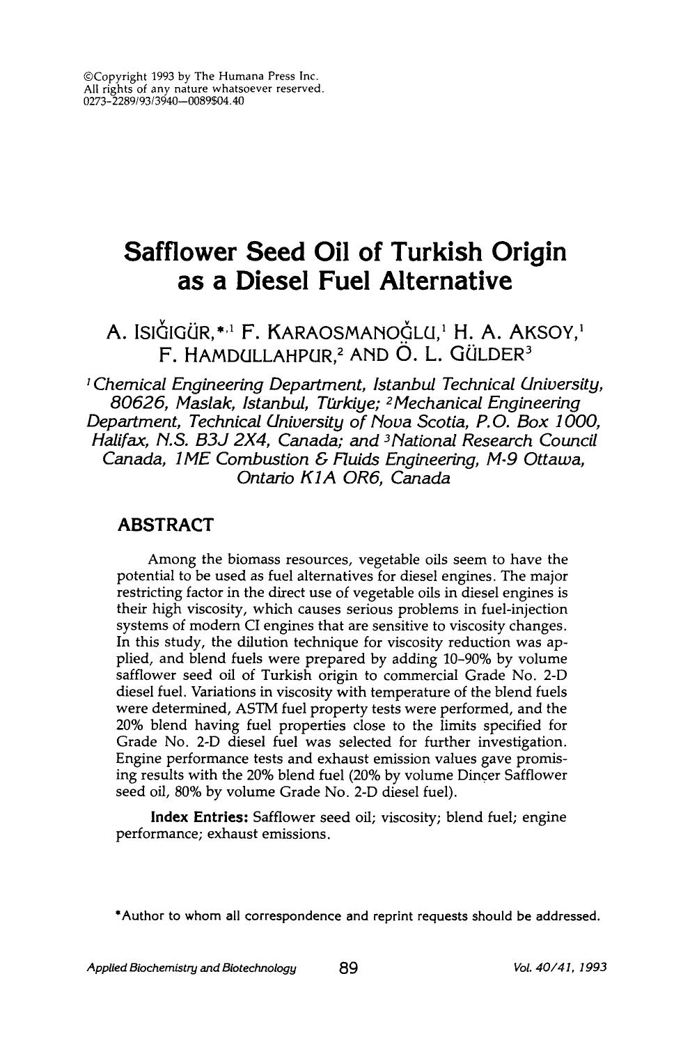 Safflower seed oil of Turkish origin as a diesel fuel alternative by Unknown