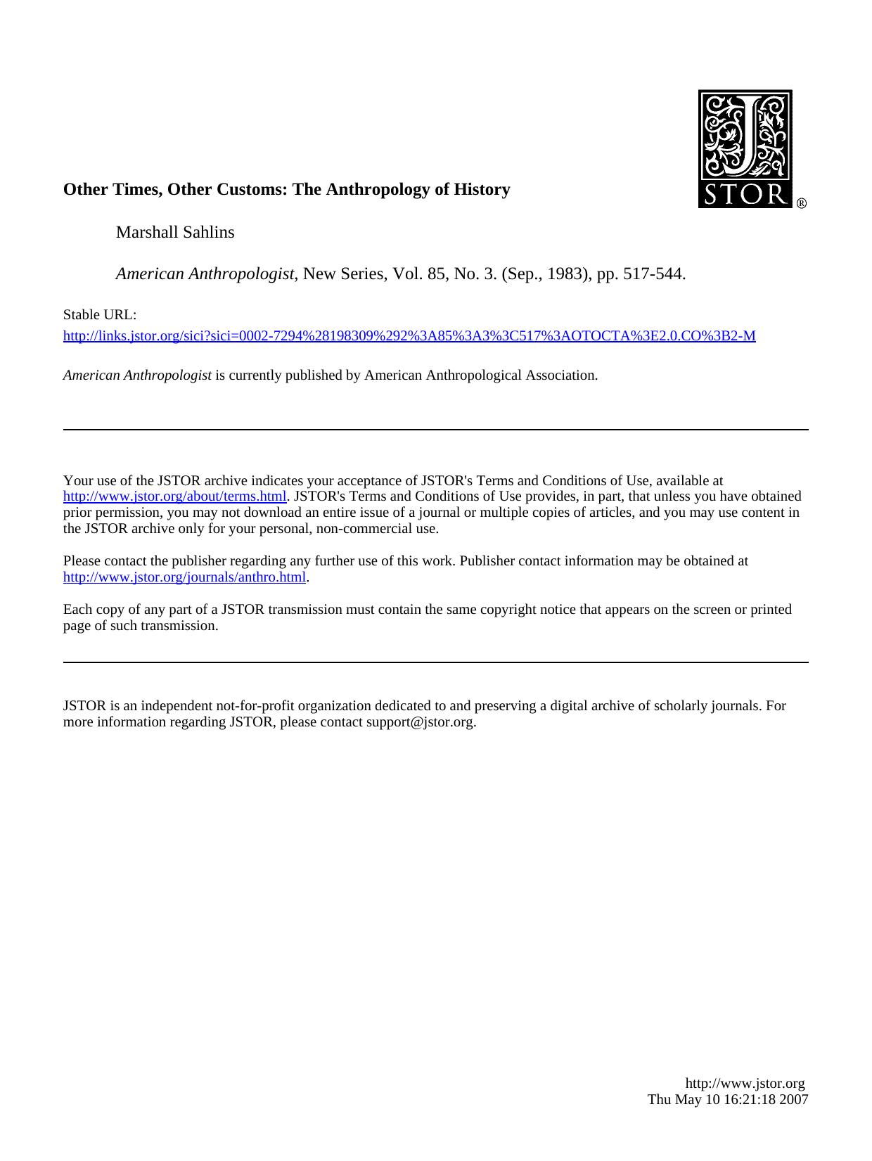 Sahlins - Other Times, Other Customs by The Anthropology of History
