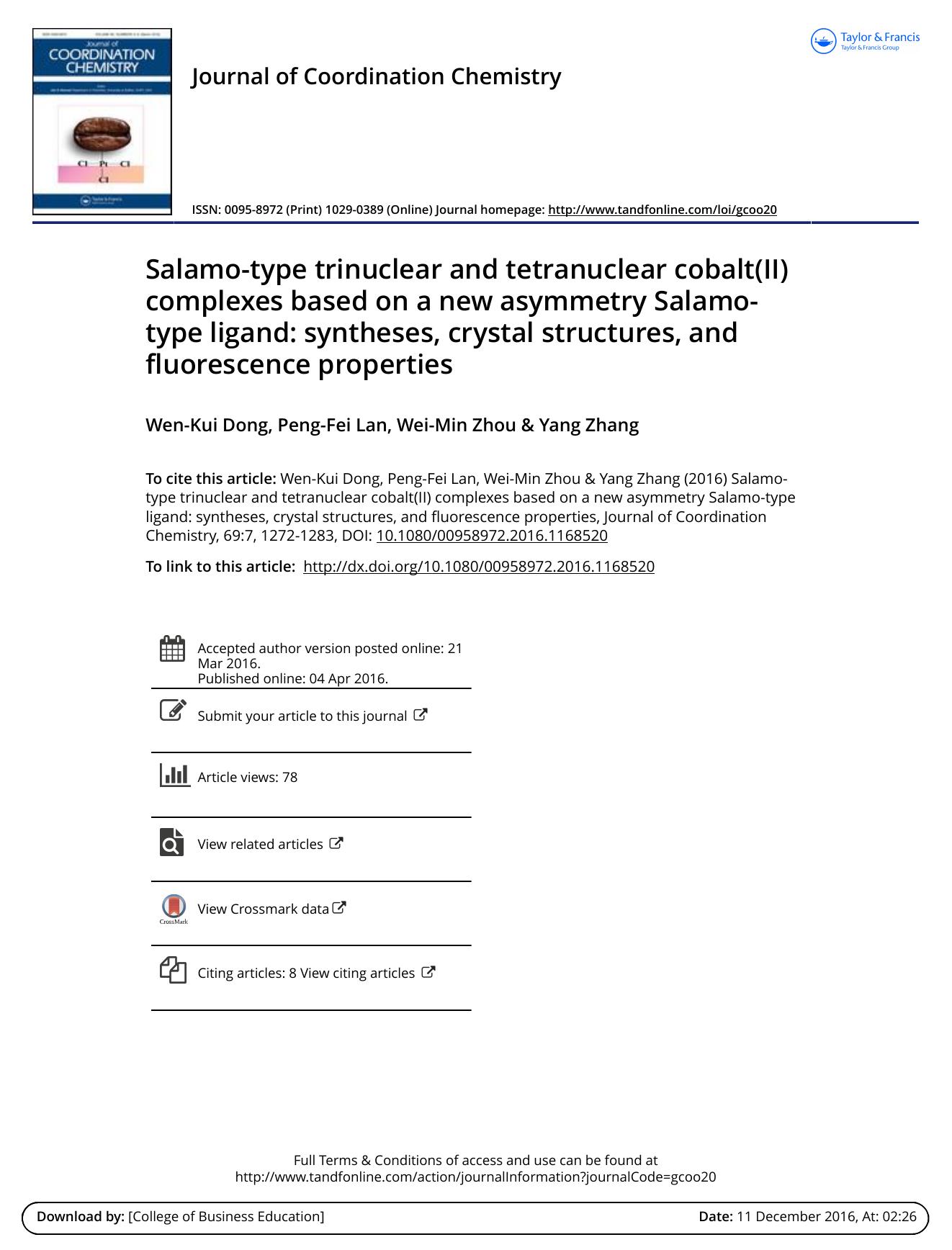 Salamo-type trinuclear and tetranuclear cobalt(II) complexes based on a new asymmetry Salamo-type ligand: syntheses, crystal structures, and fluorescence properties by Wen-Kui Dong & Peng-Fei Lan & Wei-Min Zhou & Yang Zhang