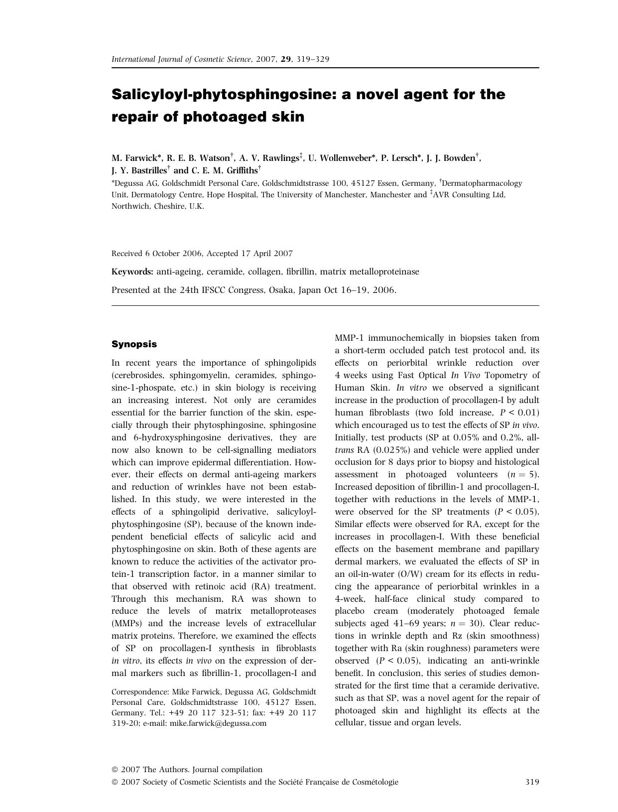 Salicyloyl-phytosphingosine: a novel agent for the repair of photoaged skin by Unknown