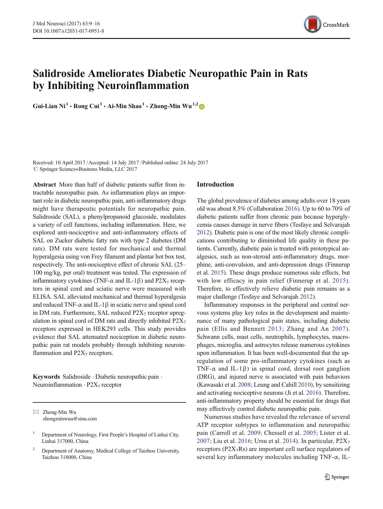 Salidroside Ameliorates Diabetic Neuropathic Pain in Rats by Inhibiting Neuroinflammation by Gui-Lian Ni & Rong Cui & Ai-Min Shao & Zhong-Min Wu