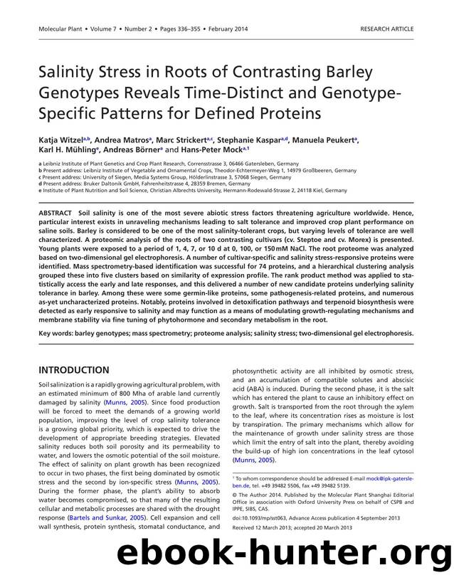 Salinity Stress in Roots of Contrasting Barley Genotypes Reveals Time-Distinct and Genotype-Specific Patterns for Defined Proteins by unknow