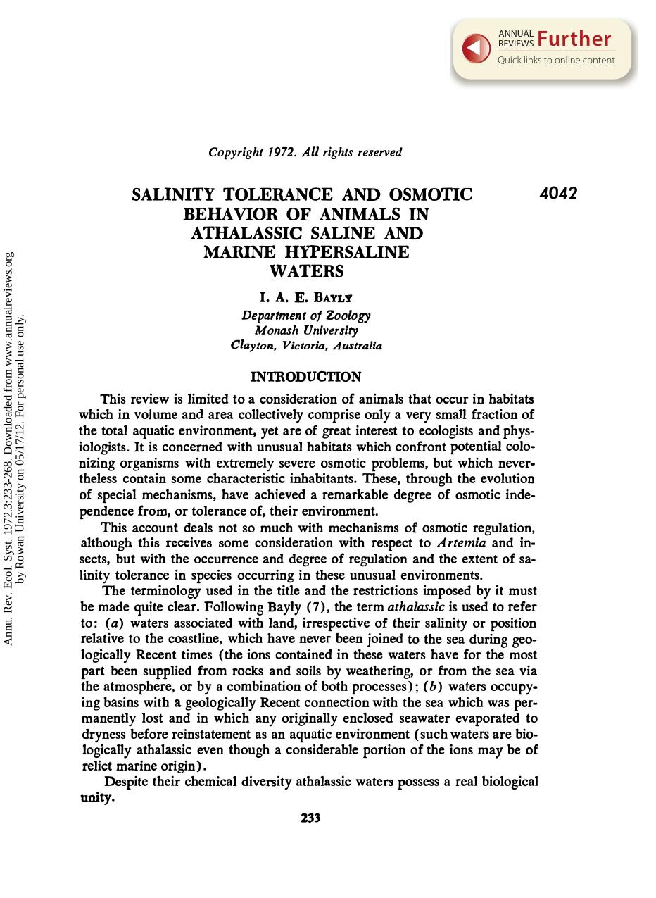 Salinity Tolerance and Osmotic Behavior of Animals in Athalassic Saline and Marine Hypersaline Waters by I A E Bayly