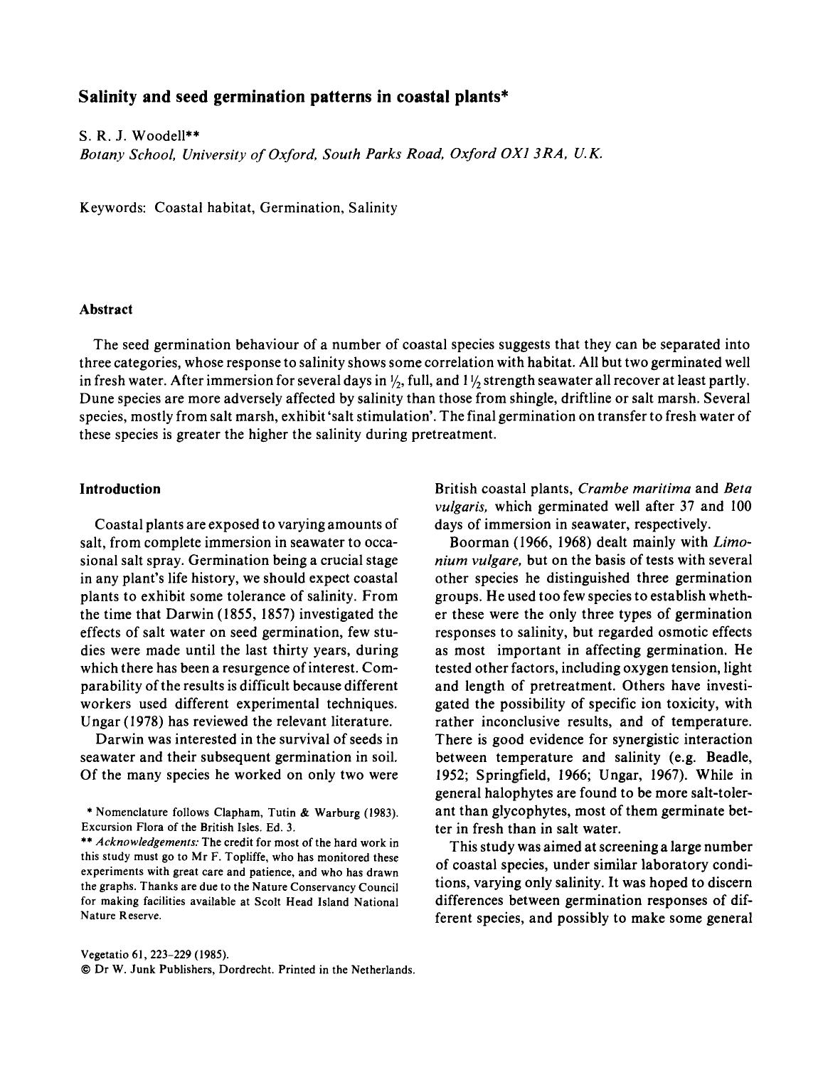 Salinity and seed germination patterns in coastal plants by Unknown