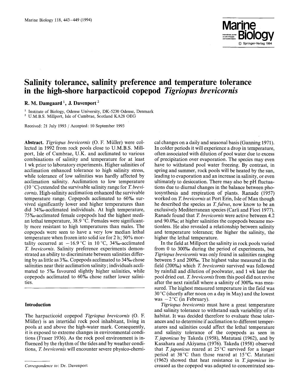 Salinity tolerance, salinity preference and temperature tolerance in the high-shore harpacticoid copepod <Emphasis Type="Italic">Tigriopus brevicornis<Emphasis> by Unknown