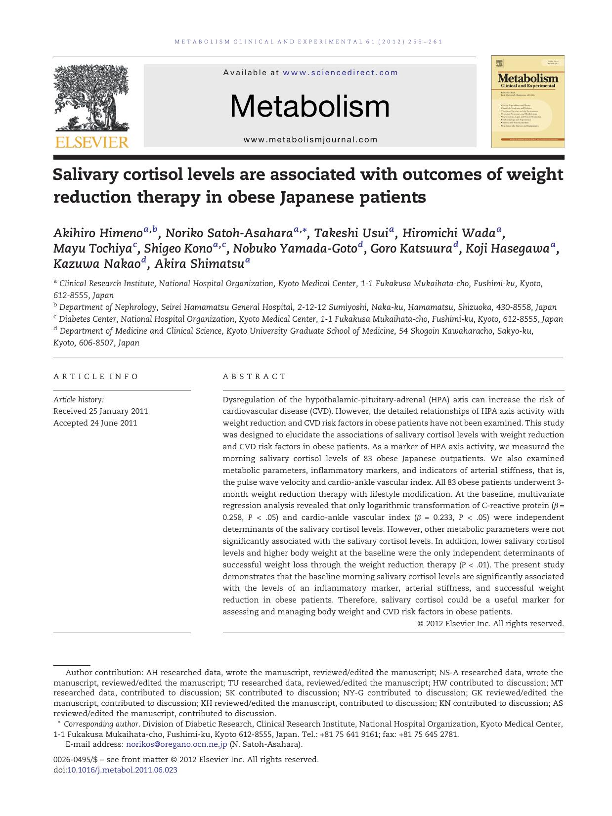 Salivary cortisol levels are associated with outcomes of weight reduction therapy in obese Japanese patients by unknow