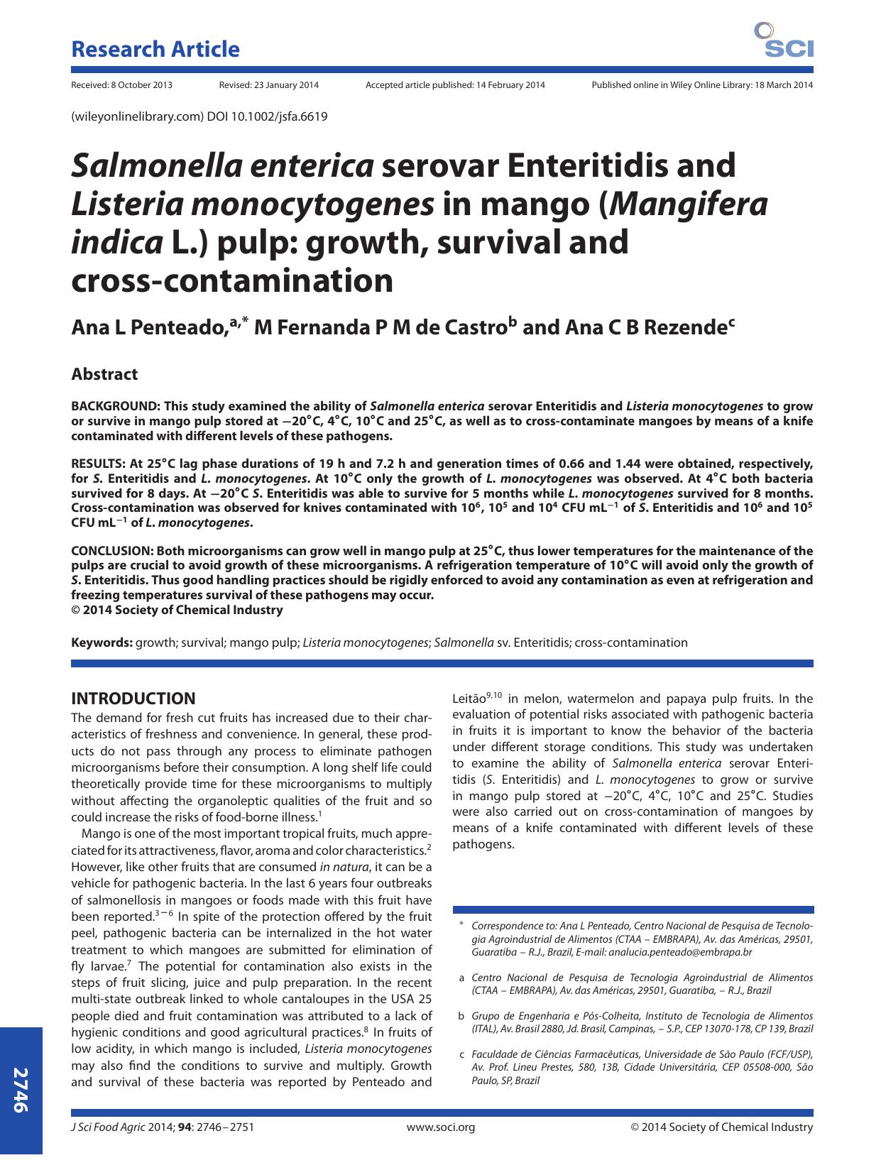 Salmonella enterica serovar Enteritidis and Listeria monocytogenes in mango (Mangifera indica L.) pulp: growth, survival and cross-contamination by Unknown