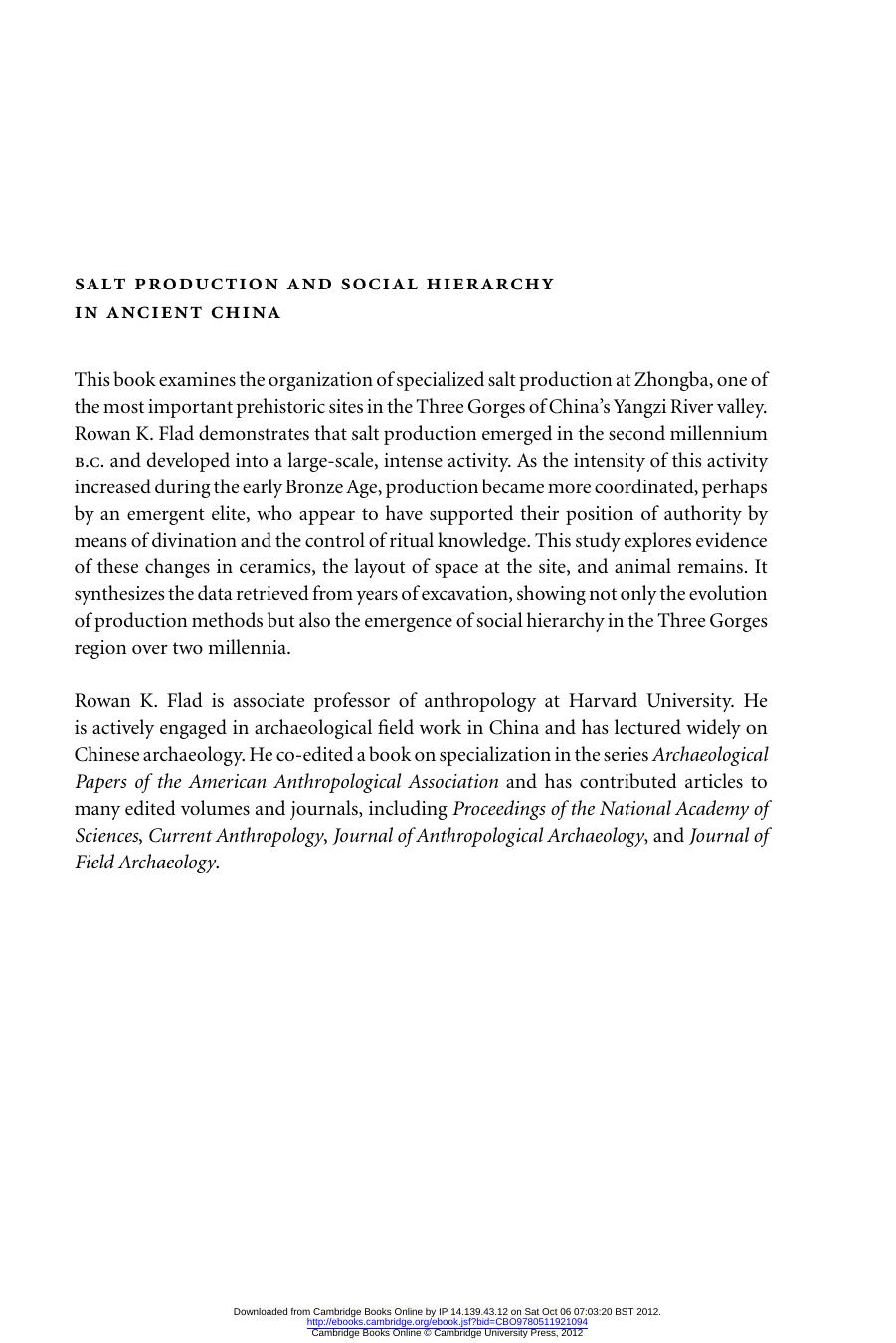 Salt Production and Social Hierarchy in Ancient China: An Archaeological Investigation of Specialization in China's (repost) by Rowan K. Flad