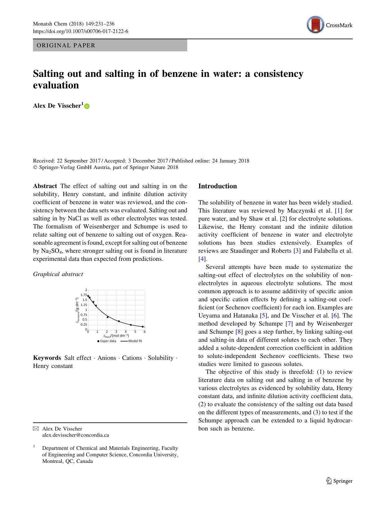 Salting out and salting in of benzene in water: a consistency evaluation by Alex De Visscher