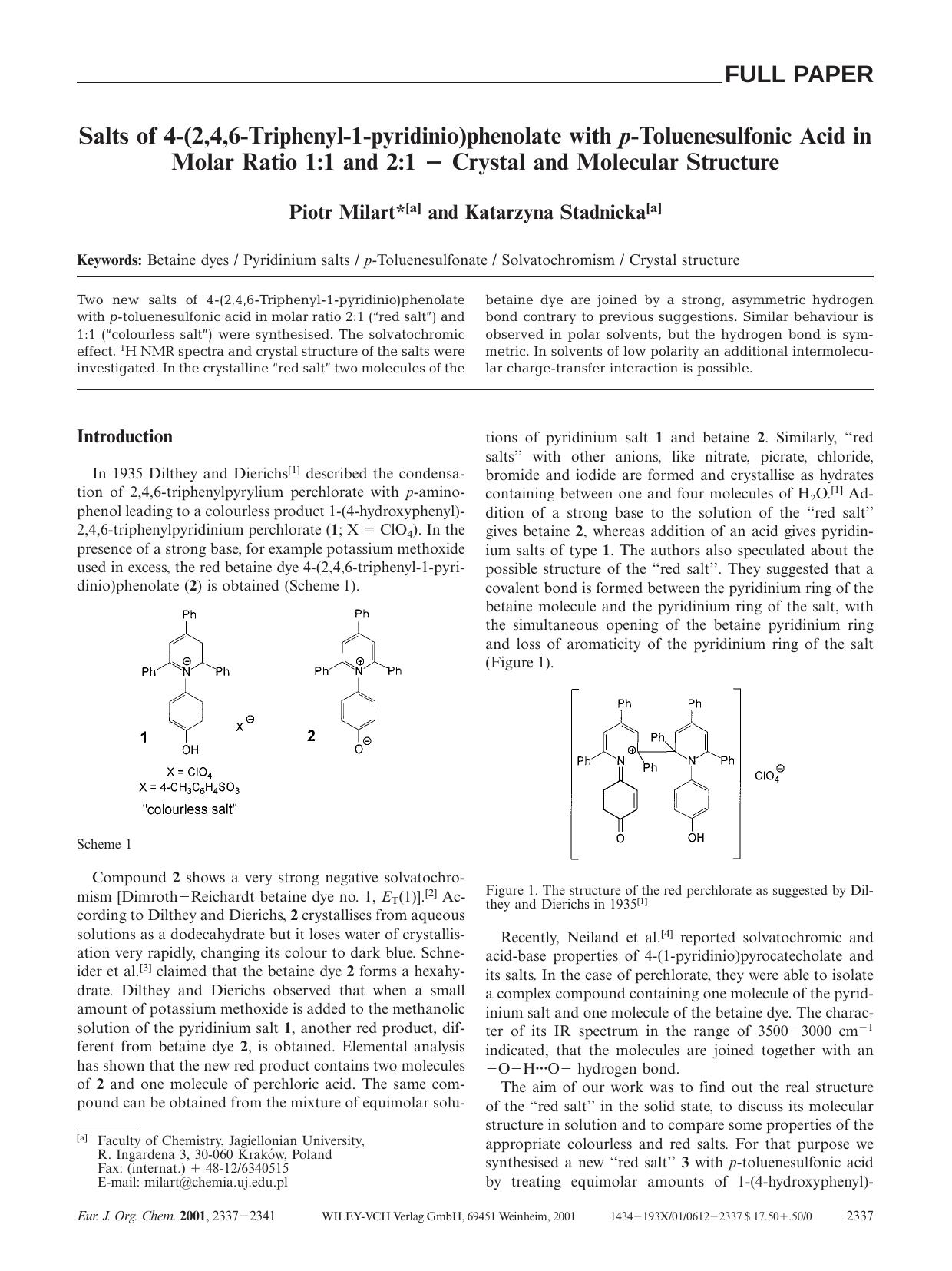 Salts of 4-(2,4,6-Triphenyl-1-pyridinio)phenolate with p-Toluenesulfonic Acid in Molar Ratio 1:1 and 2:1 - Crystal and Molecular Structure by Unknown