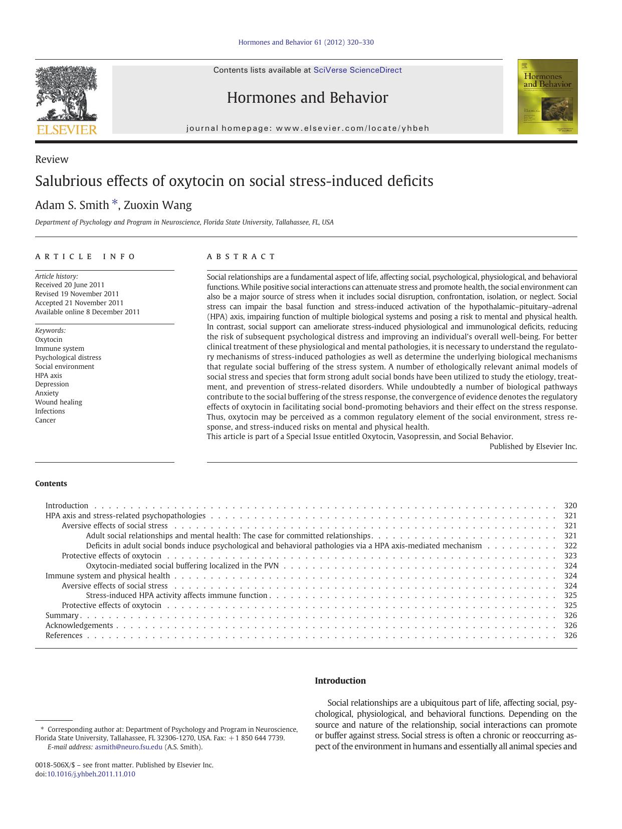 Salubrious effects of oxytocin on social stress-induced deficits by Adam S. Smith & Zuoxin Wang