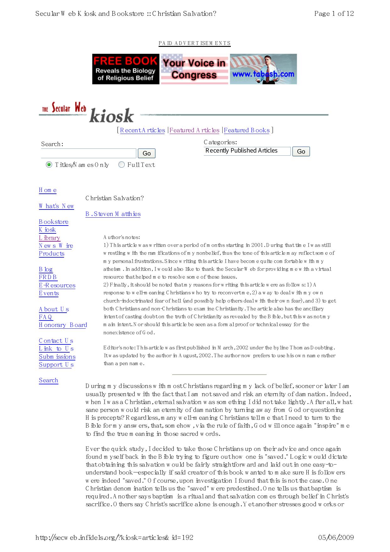 Salvation by Christian Salvation (www.secweb.infidels.org 2002)