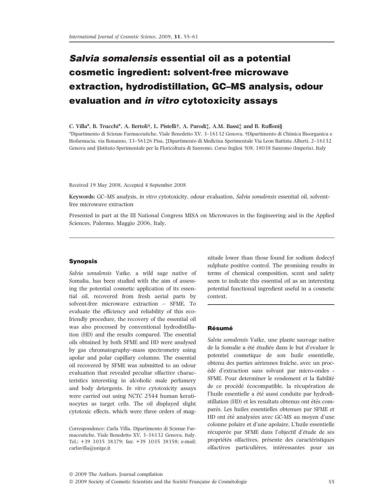 Salvia somalensis essential oil as a potential cosmetic ingredient: solvent-free microwave extraction, hydrodistillation, GCâMS analysis, odour evaluation and in vitro cytotoxicity assays by Unknown