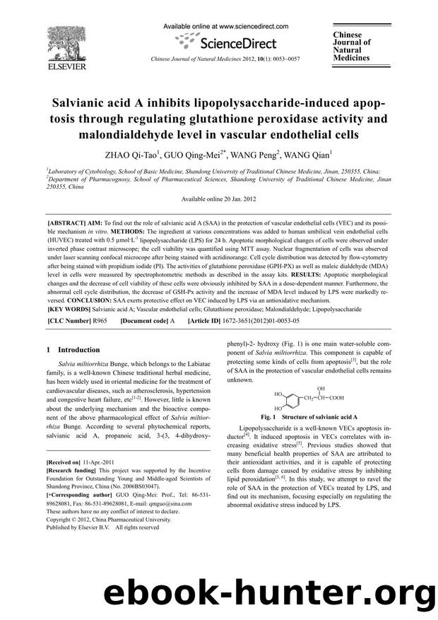 Salvianic acid A inhibits lipopolysaccharide-induced apoptosis through regulating glutathione peroxidase activity and malondialdehyde level in vascular endothelial cells by Qi-Tao ZHAO & Qing-Mei GUO & Peng WANG & Qian WANG