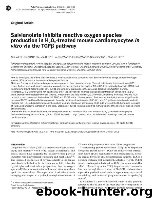 Salvianolate inhibits reactive oxygen species production in H2O2-treated mouse cardiomyocytes in vitro via the TGFÎ² pathway by Ai-hua Fei & Qing Cao & Shu-yan Chen & Hai-rong Wang & Fei-long Wang & Shu-ming Pan & Zhao-fen Lin